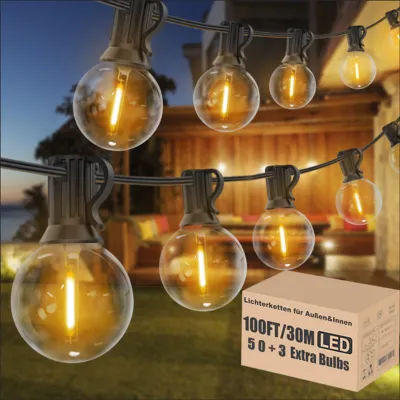 LED-Lichterkette 30 m, 50+3 G40 E12-Lampen, warmweiß, IP44