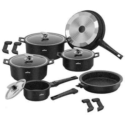 Produktbild von 10-TLG Topfset Induktion mit Abnehmbarer Griff,Pfanne 24/28cm,Milchtopf 16cm,Kochtopf 20/24/28cm,Stapelbar für alle Herdarten,Ofenfest,Schwarz