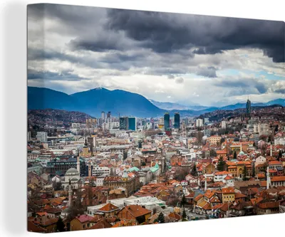 Produktbild von MuchoWow® - Leinwandbilder - Wolkendecke über Sarajevo Bosnien und Herzegowina, Wandbild, Wanddeko Bilder Wohnzimmer, 120x80 cm