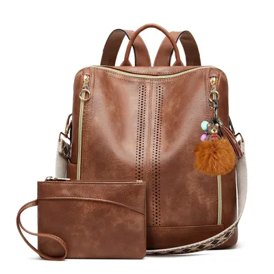 Produktbild von OKWISH Rucksack, Vintage Damen Rucksack 2er Set Braun, Multifunktionaler Backpack mit Reißverschlussfächern, Freizeit Schul Reise Tasche Retro Look