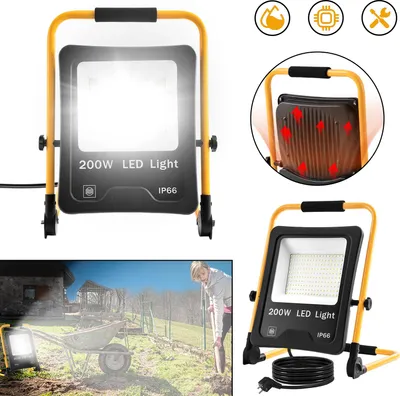Collage of images showing a 200W LED work light, its features, and in use outdoors.