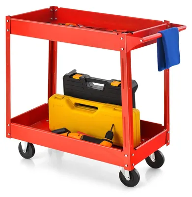 Immagine prodotto di Carrello per utensili - Carrello attrezzi - Carrello da officina - Carrello mobile - Carrello portaoggetti - Carrello metallico a 2 ripiani - Rosso