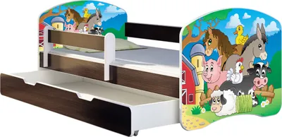 A children's bed with a farm animal theme, featuring a pull-out drawer.