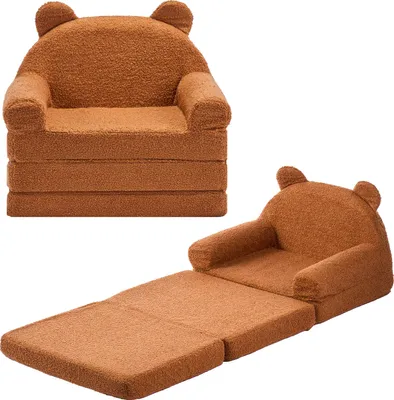 Image de Canapé pour enfants VEVOR Fauteuil pour enfants en éponge 28D & tissu peluche avec accoudoirs, 2 en 1 Canapé pour enfants Canapé-lit convertible pour lire ou jouer Marron M (mesure) Salle de jeux Salon