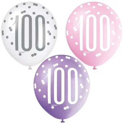 Produktbild von 6 Luftballons rosa & silber Zahl 100