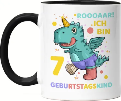 Produktbild von Roooaarr Ich Bin 7 Tasse Schwarz Dinosaurier Dino T-Rex Geburtstag Kindergeburtstag