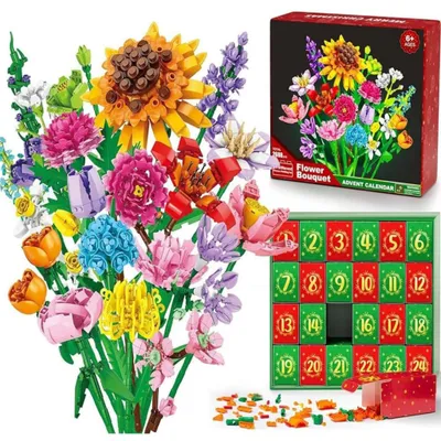 Produktbild von Weihnachts-Adventskalender 2025 mit Blumenstrauß-Bausteinen - Künstlicher Sonnenblumen-Pflanzenstrauß zum Selbstbasteln für Erwachsene​