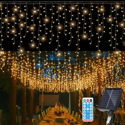 Produktbild von Jayseuw 5M LED Solar Lichterkette Außen LED Eisregen 200 LEDs Eiszapfen Lichtervorhang mit Fernbedienung Innen Garten Deko Warmweiß