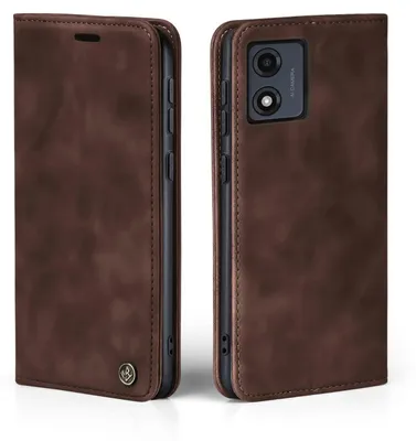 A brown leather flip case for a smartphone is shown from two angles.