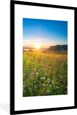 Produktbild von MuchoWow® Gerahmtes Poster Sonne - Gras - Blumen 60x90 cm - Poster mit Schwarzem Bilderrahmen Wandposter Rahmen Foto Bilder - Dekoration - Wandposter Wohnzimmer - Hochwertig