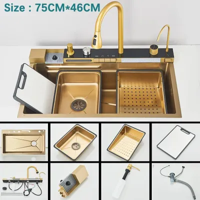 Produktbild von Küchenspüle - Wasserfall Spüle aus 304 Edelstahl - Digitalanzeige - Einbeckenspüle - Unterbau - Mit Armatur - Gold 201