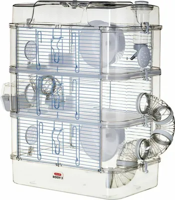 A multi-level hamster cage with accessories.