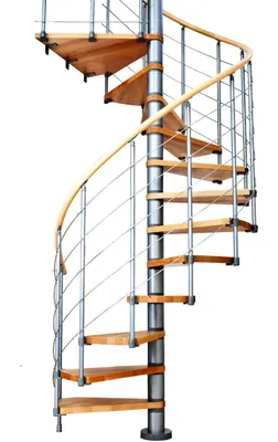 Produktbild von Dolle Spindeltreppe Oslo Ø140cm mit 273-299cm Geschosshöhe 12 Stufen 1 Podest Buche lackiert Geländer grau, mitlaufende Edelstahlstäbe
