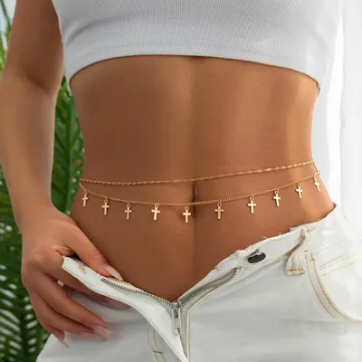 Productafbeelding van Kruis Hanger Tailleketting - Buikketting Lichaamsketting - Feestelijke Accessoires - Gelaagd Ontwerp - 10 gram - Goud