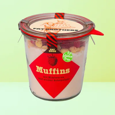 Produktbild von Glutenfreie Muffins mit Weißer Schokolade und Himbeeren Backmischung im Weck-Glas