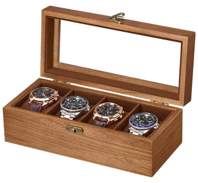 Produktbild von Holzuhrenbox – 4 Fächer – Uhrenbox aus Holz mit Glasdeckel – 23,5 x 10,6 x 8,5 cm