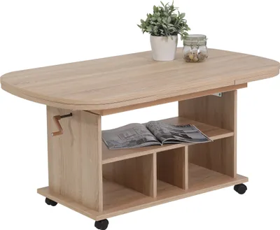 Produktbild von Funktionscouchtisch Babsi III - Nachbildung Sonoma Eiche,  ausziehbar, höhenverstellbar - große Ablage - 107-157x67cm - auf Rollen