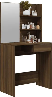 A vanity table with a mirror and shelves filled with various cosmetic products.