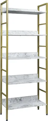Image de Happyment Bibliothèque Nika - Industrielle - 5 couches - Blanc/Doré - Look Marble - Bibliothèque - Salon, Chambre & Chambre d'enfant - bois/métal - 60x27,5x160 cm