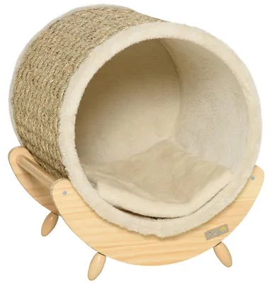 Productafbeelding van Kattenmand met kraboppervlak inclusief kussen en krabpaal, 41 cm x 38 cm x 43 cm, naturel + beige