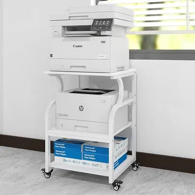 Productafbeelding van Verstelbare printertafel, 60 x 50 cm. Printerstandaard | Mobiele printerhouder met wielen. Houten en metalen printerwagen voor grote printers, geschikt voor werkruimtes, kantoren. Wit