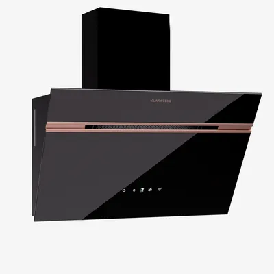 A black kitchen range hood with rose gold accents, presented against a white background.