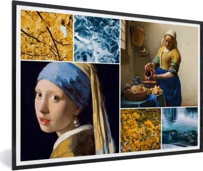 Produktbild von MuchoWow® Gerahmtes Poster Vermeer - Collage - Milchmädchen 90x60 cm - Poster mit Schwarzem Bilderrahmen Wandposter Rahmen Foto Bilder - Fotorahmen - Foto-Plakat