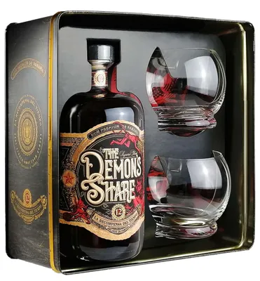 Produktbild von The Demon's Share Superior Blend Rum 12 Years Old 41% Vol. 0,7l in Tinbox mit 2 Gläser