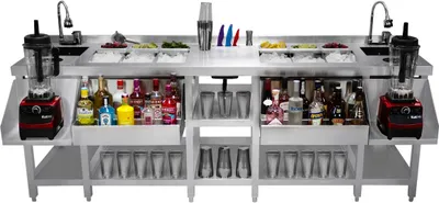 Produktbild von Duo-Barstation 2-in-1 Cocktailstation Edelstahl Freistehend Isolierte Eiswanne Spülbecken 360-Mischbatterie Glasreiniger Abtropfschale Mixerregal Speed Rail Gastro-Töpfe Messerhalter GRATIS Shaker