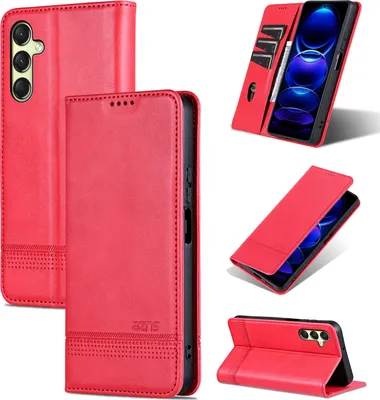 A collage of images showing a red leather phone case for a Samsung Galaxy A16 5G/4G.