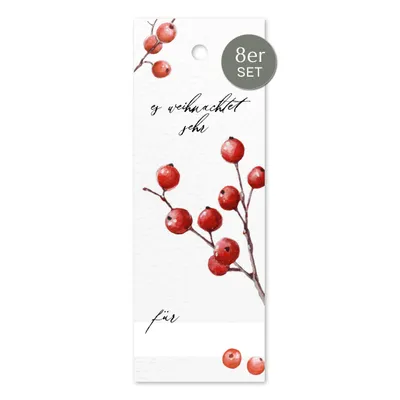Produktbild von NORDEULE® Geschenkanhänger Frohe Weihnachten | 8 Stück Anhänger Rote Beeren mit Lochung | Ideal für Weihnachtsgeschenk Wichtel DIY Adventskalender