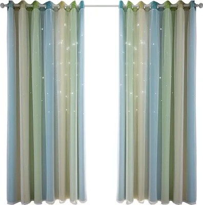 Two curtains hanging on a curtain rod, with a white background.