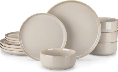 Image de vancasso Service de table, 12 pièces service combiné en faïence, set de vaisselle avec set d'assiettes, bol pour 4 personnes, gris