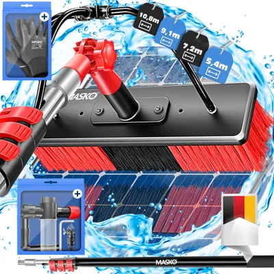 Produktbild von MASKO® Teleskop Waschbürste Reinigungsbürste Ausziehbar Fenster- & PV-Anlagen-Reiniger mit Wasseranschluss, Weiche Borsten, Seifenspender & Handschuhe