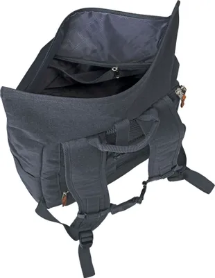An open black rucksack is shown from a top-down perspective against a white background.