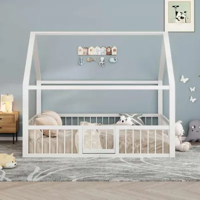 Produktbild von Metallbettgestell für Kinder, Weiß, ohne Matratze, Eisenbett mit Hauszierleisten und Brüstung, ideal als Jugendbett, Flachbett, Größe 140x200 cm