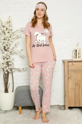 Produktbild von Damen Pyjama Schlafanzug Rosa L Kurz 3-Teiler Set mit Augenband S-44
