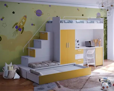 Produktbild von Etagenbett TOMI 5, Doppelstockbett Hochglanz Kinderbett Hochbett, MIT Matratze und Lattenrost (Weiss + Gelb, Matt)