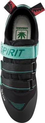 Kletterschuh "Spirit LV" von RedChili; schwarz mit türkisfarbenen Akzenten und Klettverschluss.