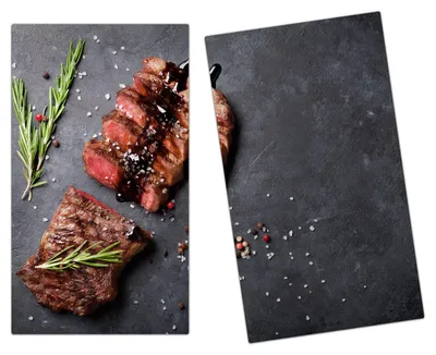 Produktbild von Spritzschutz Herdabdeckplatte Schneidebrett aus Glas Steak mit Salz und Pfeffer 2-Teilig (60x52cm)