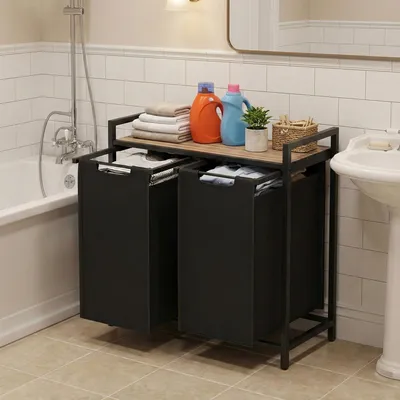 Produktbild von VASAGLE Wäschekorb 2 Fächer, mit Ablage, ausziehbar abnehmbar, 2 x 46 L, KI-generiertes Bild
