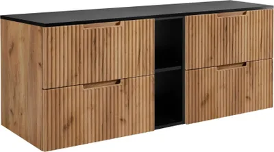 Image de RODAN | Meuble sous lavabo - Marron et Noir - 140 cm - 4 Tiroirs Softclose - Façades rainurées - Armoire suspendue pour salle de bains