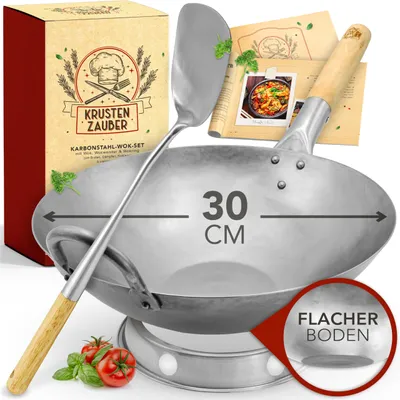 Produktbild von KRUSTENZAUBER 30cm Wokpfanne Induktion flacher Boden - Traditionelle Stahlwokpfanne mit Wokwender u. Wokring - Wok Pfanne, Wok Induktion, Woklette, Wok Zubehör, Carbon Steel Wok Kohlenstoffstahl