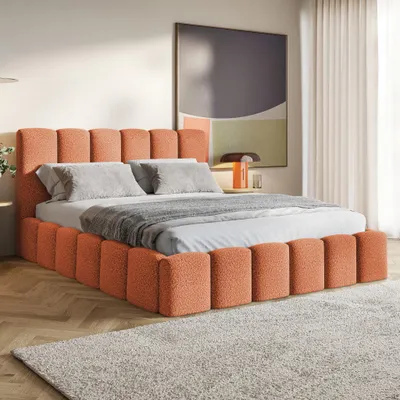 Produktbild von MOTIVENA Nunu Bubble Polsterbett 160x200 mit Bettkasten, Holz Lattenrost, Bubble Bett 160x200 Orange Boucle (Catch me 07)