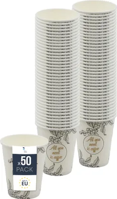 Produktbild von BenBow Kaffeebecher 300 ml x 50, Pappbecher zum Mitnehmen, Einwegbecher für Unterwegs, All You Need Is Coffee, Kaffee Becher für Büro und Kaffeemaschinen, Robust und Praktisch