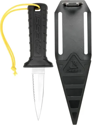 Produktbild von Cressi Mamba Knife-Tauchermesser mit schlankem, spitzem Design, 7 cm Klinge mit glatter/gezahnter Schneide aus Rostfreiem Stahl 4Cr14, Scheide mit Schnur/Sicherheitsverschluss