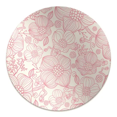 A circular rug with a pink floral line drawing pattern on a white background.