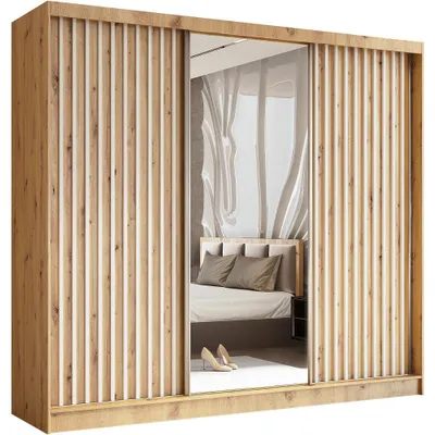 A sliding door wardrobe with a mirrored center panel, reflecting a bedroom interior.
