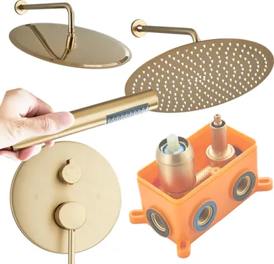Obrázek produktu pro sprchový set podomítkový ARI s boxem, dešťová hlavice 30 cm, ruční sprcha, kartáčované zlato
