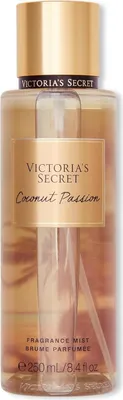 A Victoria's Secret Coconut Passion fragrance mist spray bottle.